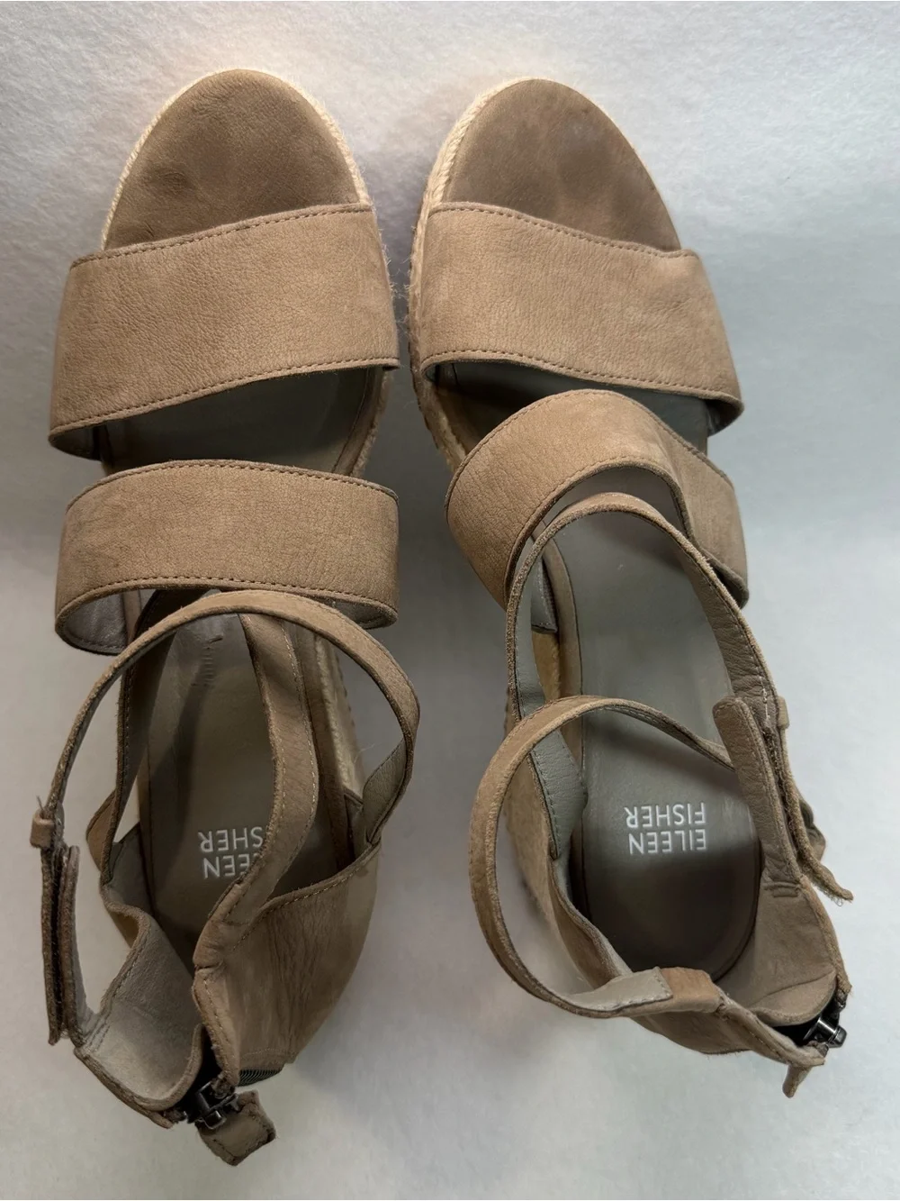 Eileen Fisher Taupe Leather Espadrille Wedge Sandals Size 8.5